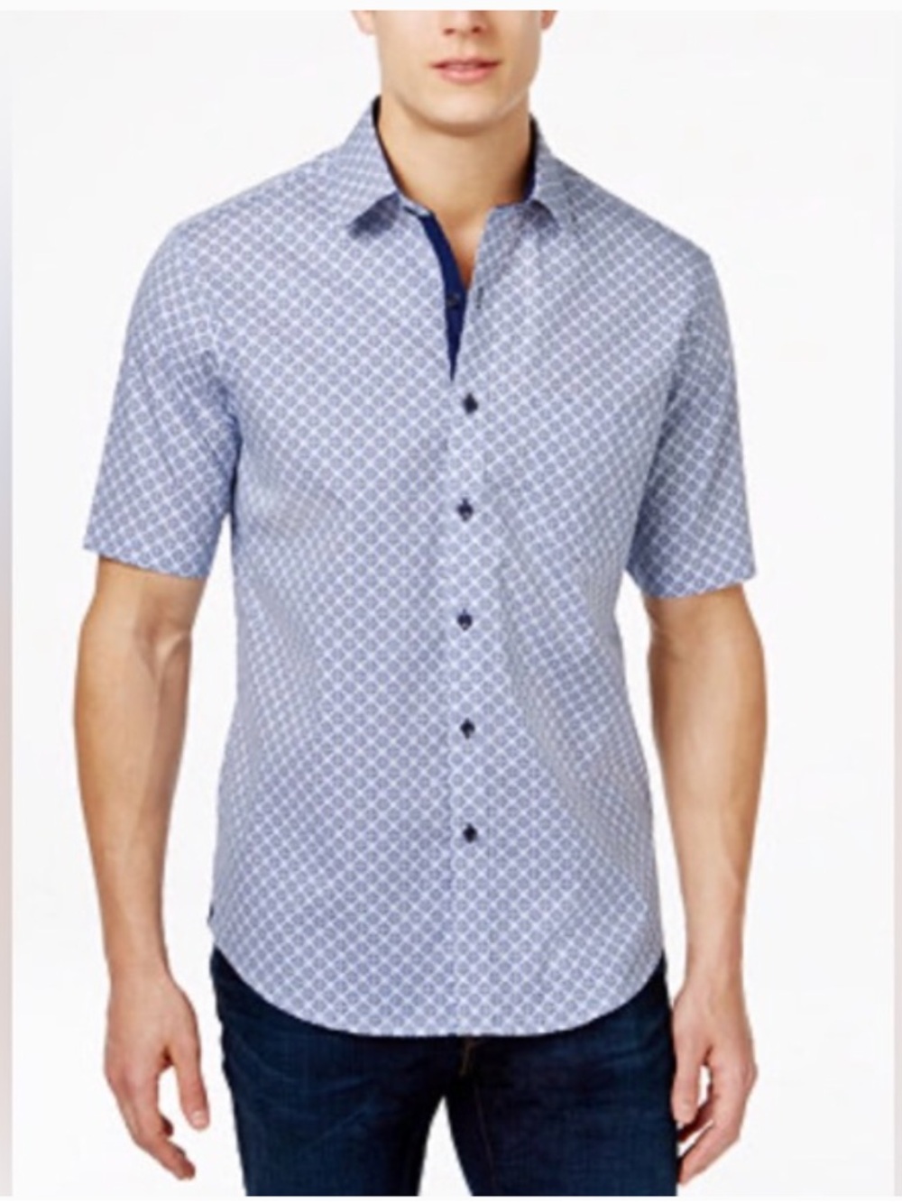 Tasso Elba Light Blue Geometric Short Sleeve Button-Down Shirt XXL